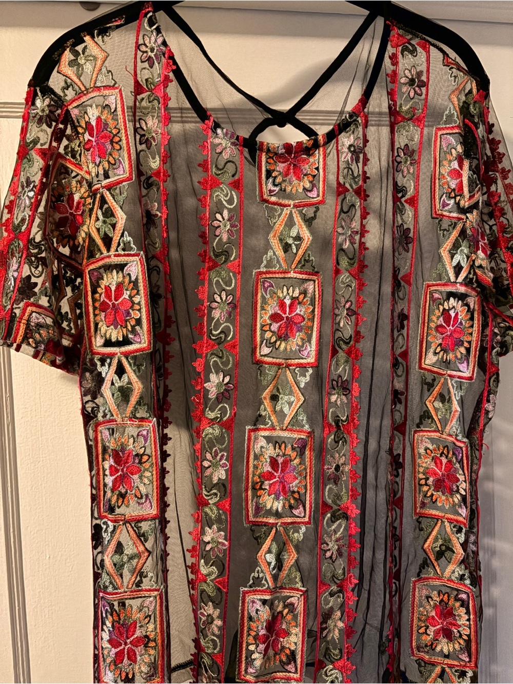 SHEIN Black Sheer Tunic with Red, Green & Pink Embroidery